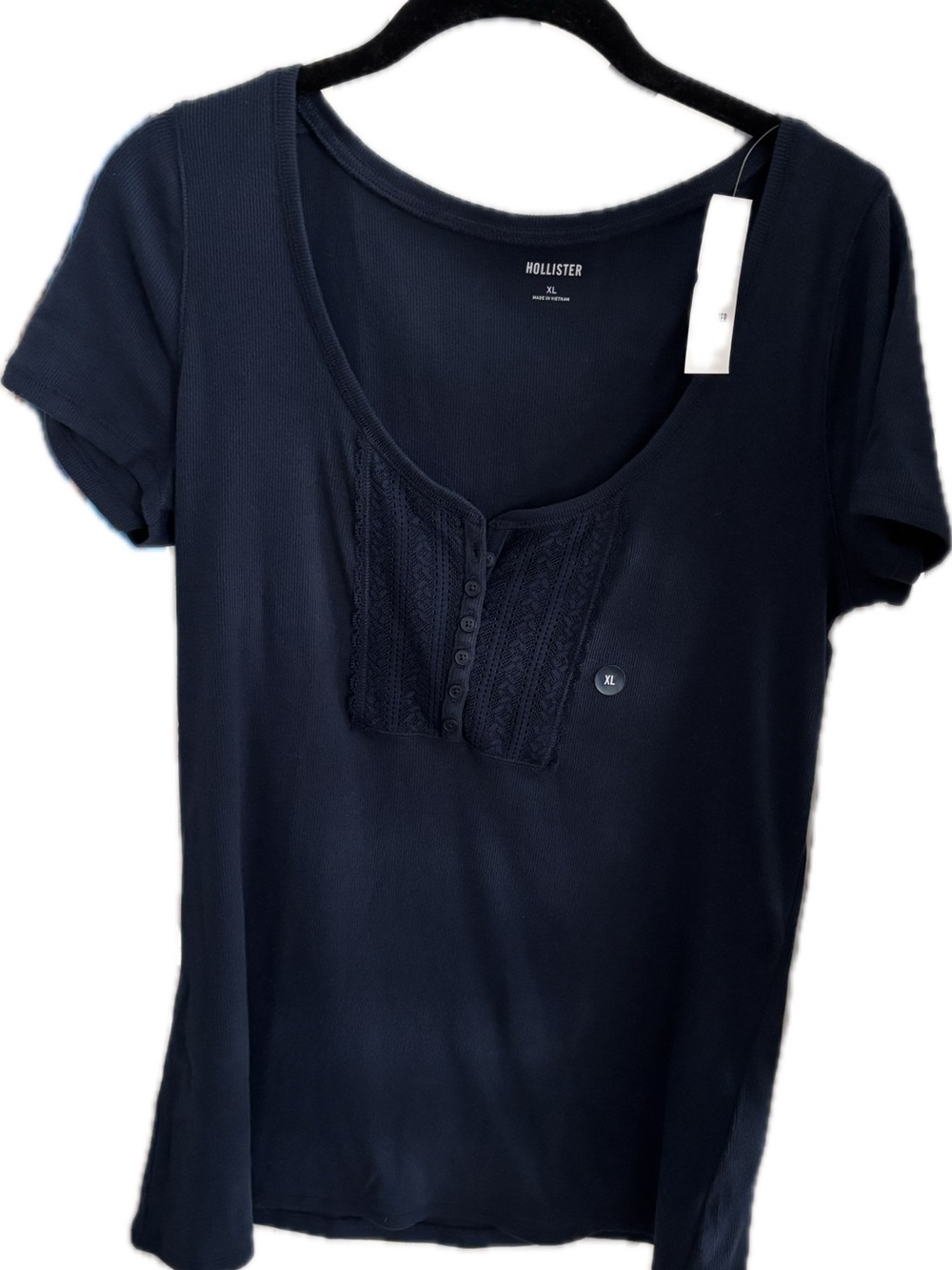 Hollister Women's Henley T-Shirt XL Solid Blue Cotton Knit Scoop Neck Button